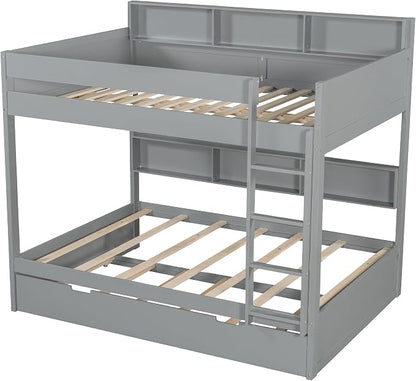 Wood Bunk Bed Twin Over Twin Size with Built-in Storage Shelves, Versatile Bunk Bed Frame with Ladder and Trundle Bed for Kids Teens Adults, Maximize Space (Gray-T2)