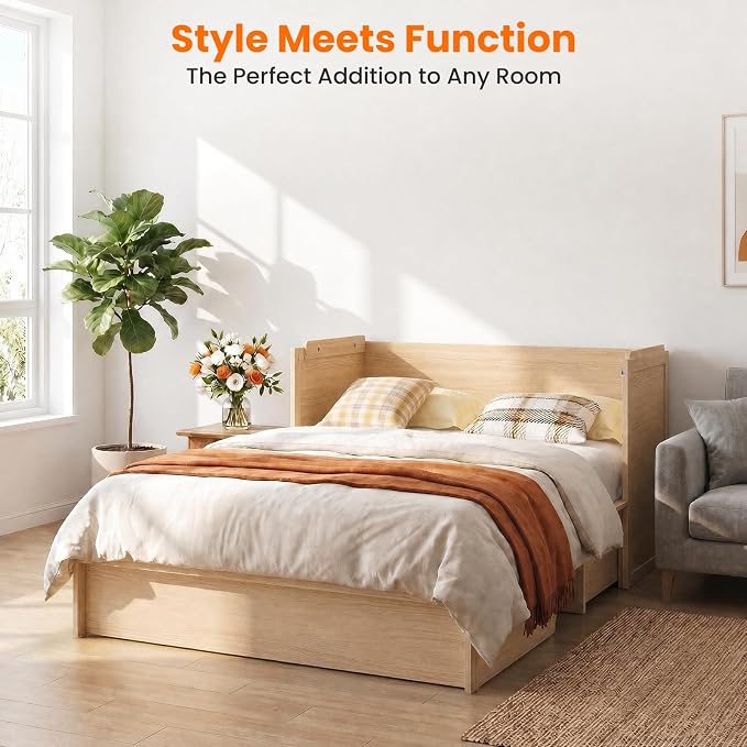 CECER Murphy Bed Queen with Mattress for Guest/Small Space-Natural Wood | Built-in Multi-Port Charging Station ＆ Large Storage Drawer，Space Saving ＆ Easy Assemble and Conversion