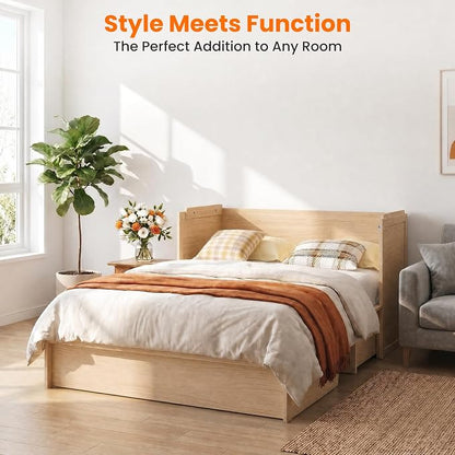 CECER Murphy Bed Queen with Mattress for Guest/Small Space-Natural Wood | Built-in Multi-Port Charging Station ＆ Large Storage Drawer，Space Saving ＆ Easy Assemble and Conversion