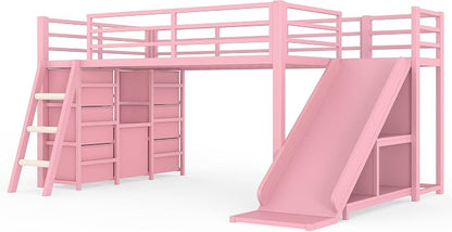 Bellemave Twin Size Low Loft Bed with Slide & 7 Fabric Storage Drawers,Metal Loft Bed Frame with Shelves and LED Lights for Boys Girls,Kids Loft Bed Twin,Pink