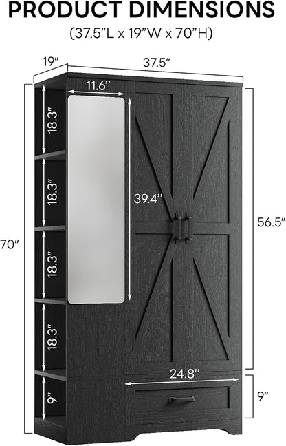 LIKIMIO Armoire Wardrobe Closet 70 Inches, Large Storage with Mirror, 2 Doors, Drawer, and Shelves, Modern Bedroom Freestanding Wooden Wardrobe Combination with Hanging Rail, Black