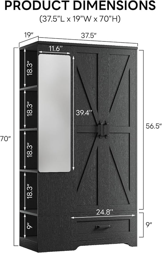 LIKIMIO Armoire Wardrobe Closet 70 Inches, Large Storage with Mirror, 2 Doors, Drawer, and Shelves, Modern Bedroom Freestanding Wooden Wardrobe Combination with Hanging Rail, Black