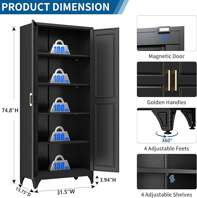 75" Metal Storage Cabinet with 4 Adjustable Shelves, Large Black Steel Pantry Cabinet with Doors, 180 lbs Max Load Per Shelf, Heavy Duty Utility Organizer for Garage & Workshop