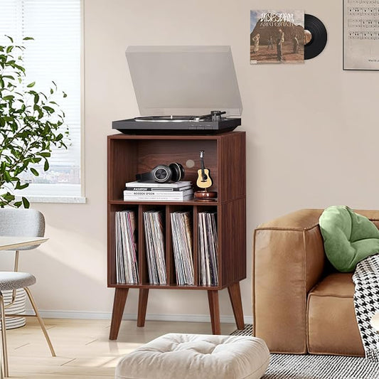 Lerliuo Record Player Stand, Walnut Turntable Stand Holds up to 160 Albums, Mid-Century Vinyl Storage Cabinet Table with Solid Wood Legs, Record Player Holder Dispaly Shelf for Bedroom Living Room