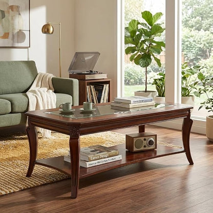 Rectangle Coffee Table for Living Room, Solid Wood Coffee Table with Glass Top, Traditional Distressed Farmhouse Style with Shelf, Solid Hardwood Rustic Center Table for Living Room, Cherry 1168GT