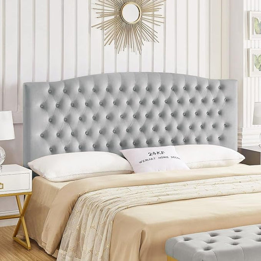 24KF Upholstered Tufted Button Velvet Headboard,Comfortable Fashional Headboard King/CA King Size,Gray