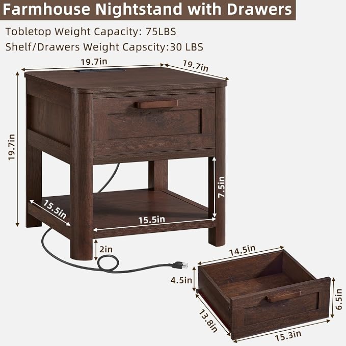 Joaxswe Farmhouse Night Stand Set of 2 with Charging Station, Wood Bed Side Tables Bedroom Set of 2 with Drawer & Open Storage Shelf, Walnut