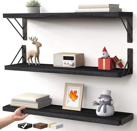 BAYKA Wall Mounted Floating Shelves, Wood Floating Wall Shelf for Books & Decor, Small Space-Saving Display & Organizer（Black，23in，Set of 3）