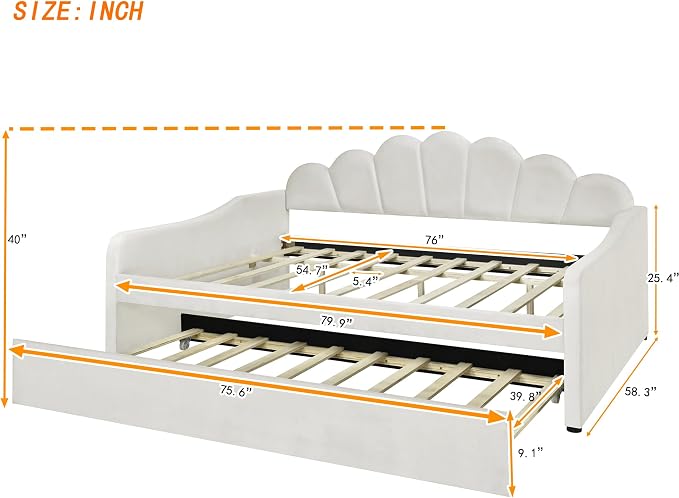 Ball & Cast Full Size Daybed with Trundle,Velvet Upholstered Day Bed Frame Full with Shall Shaped Backrest and Wood Slat Support,No Box Spring Needed,White