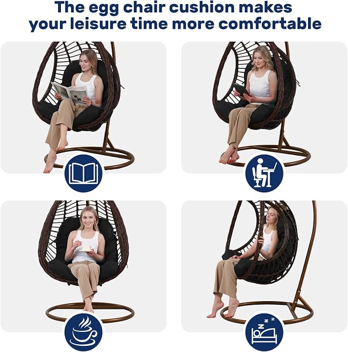 idee-home Egg Chair Cushion Replacement, Hanging Chair Cushion Outdoor | Wicker Hammock Swing Cushioned for Patio, Black（Without Chair）