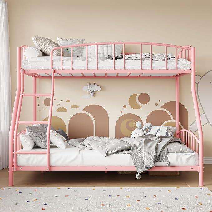 GarveeHome Metal Bunk Bed Twin Over Full, Heavy Duty Bunkbeds Frame with Arched Guardrail and Safety Ladder, Sturdy Steel Bed for Kids Boys Girls, Space-Saving, No Box Spring Needed, Pink