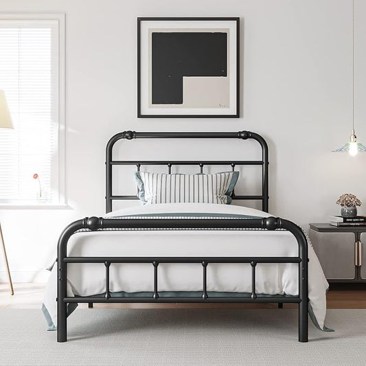 BOSRII Twin Size Bed Frame with Headboard and Footboard, 18 Inches High, 3500 Pounds Heavy Duty Metal Slats Support for Mattress, No Box Spring Needed,Noise-Free, Black