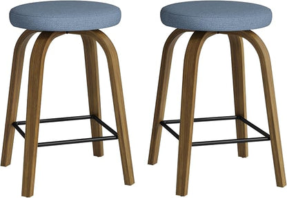 Bar Stools Set of 2, Counter Height Backless Bar Stools, 26" Swivel Barstools Kitchen Chair with Upholstered Fabric Seat, Blue