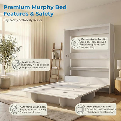 Mjkone Queen Size Wall Murphy Bed with Storage Shelf, Queen Wall Beds Cabinet Murphy Beds with Bookshelf, Top Cabinet Bedframe, Space-Saving Cabinets Beds for Bedroom/Guest Room/Studio/Office - White