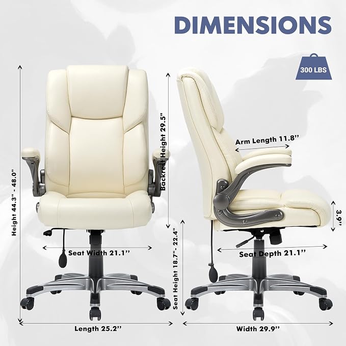 COLAMY Leather Executive Office Chair- High Back Home Computer Desk Chair with Padded Flip-up Arms, Adjustable Tilt Lock, Swivel Rolling Ergonomic Chair for Adult Working Study-Lvory, Set of 2