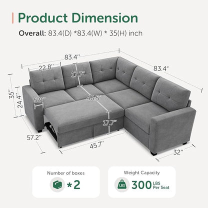 HONBAY 83.4 Inch U-Shaped Sectional Sleeper Sofa with Pull-Out Bed, 5-Seater Sectional Sofa for Living Room, Pet-Resistant Fabric Couch, Grey