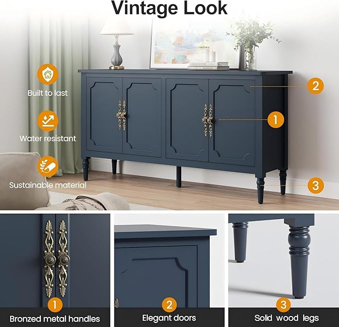 RoyalCraft Buffet Cabinet with Storage, Vintage Sideboard with Adjustable Shelves, Mid Century Modern Painted Credenza Coffee Bar for Kitchen, Dining Room, Entryway, Blue