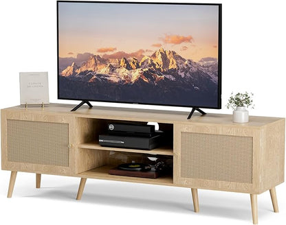 ZttRiee TV Stand with Rattan Doors for TVs up to 65", Mid-Century, Natural | 54.7"W x 15.7"D x 18.9"H, 150 lbs capacity, 2 rattan-door cabinets & 1 shelf (4 compartments), 2 cord holes, 6 wood feet