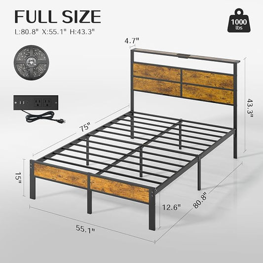 Liians Full Size Bed Frame, Full Bed with Charging Station Headboard and LED Lights, Platform Bed with Metal Slats, No Box Spring Needed, Noise Free, Easy Assembly