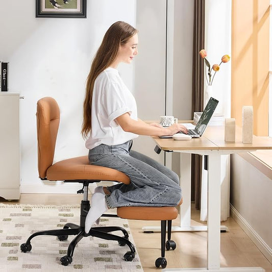 YFO Ergonomic Cross Legged Office Chair and ADHD Meditation Chair with Silent Wheels for Home Office Desk Chair and Yoga, Wider Backrest Support and Storage Pockets Design, PU Leather, Orange