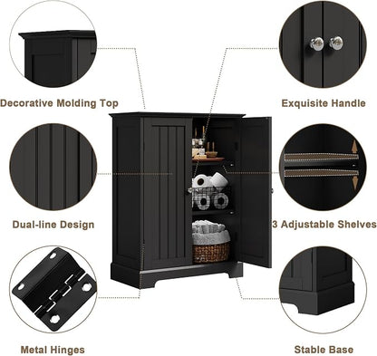 ChooChoo Bathroom Floor Cabinet, Modern Bathroom Storage Cabinet with 2 Doors and Adjustable Shelves, Freestanding Cupboard for Living Room, Black