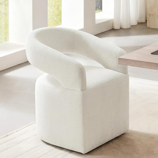 KISLOT Upholstered Dining Chairs Set of 1, Modern Arm Kitchen & Dining Room Chairs with Hidden Casters, Linen Fabric Padded Rolling Chairs, Sturdy Wood Frame, 300 lbs Capacity, Ivory White