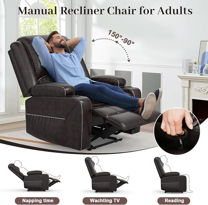 Yolsali Loveseat Lounger Sofa Set with 2 Layers Cushion Living Room 2+1 Piece 2 Seater Reclining Double Sofa Leather with Removable Console 1 Oversized Lounger Sofa Seats