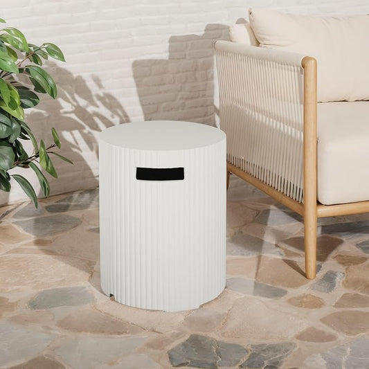 GDFStudio Propane Tank Cover Outdoor MgO Tank Holder Ribbed-Cylindrical Shape Tank Storage Hideaway Side Table for Gas Fire Pits Gas Tank Holder Storage for 20 lb Propane Tanks, 16" x 20" White