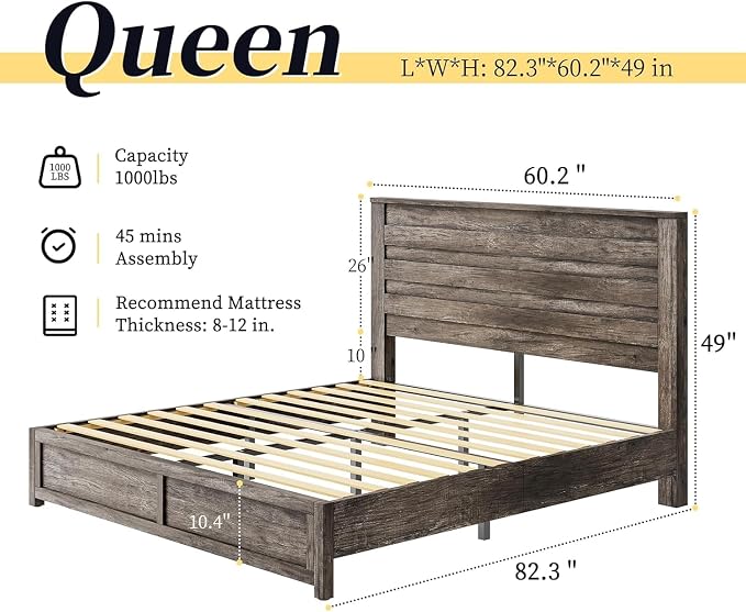 LUXOAK 2 Pcs Bedroom Furniture Sets - Includes 1 X Farmhouse 6 Drawers Dresser, 1X Farmhouse Queen Size Bed Frame with 49" Tall Headboard, Wooden Platform Bed with Hidden Metal Bed Frame, Rustic Grey