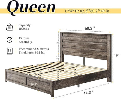 LUXOAK 2 Pcs Bedroom Furniture Sets - Includes 1 X Farmhouse 6 Drawers Dresser, 1X Farmhouse Queen Size Bed Frame with 49" Tall Headboard, Wooden Platform Bed with Hidden Metal Bed Frame, Rustic Grey