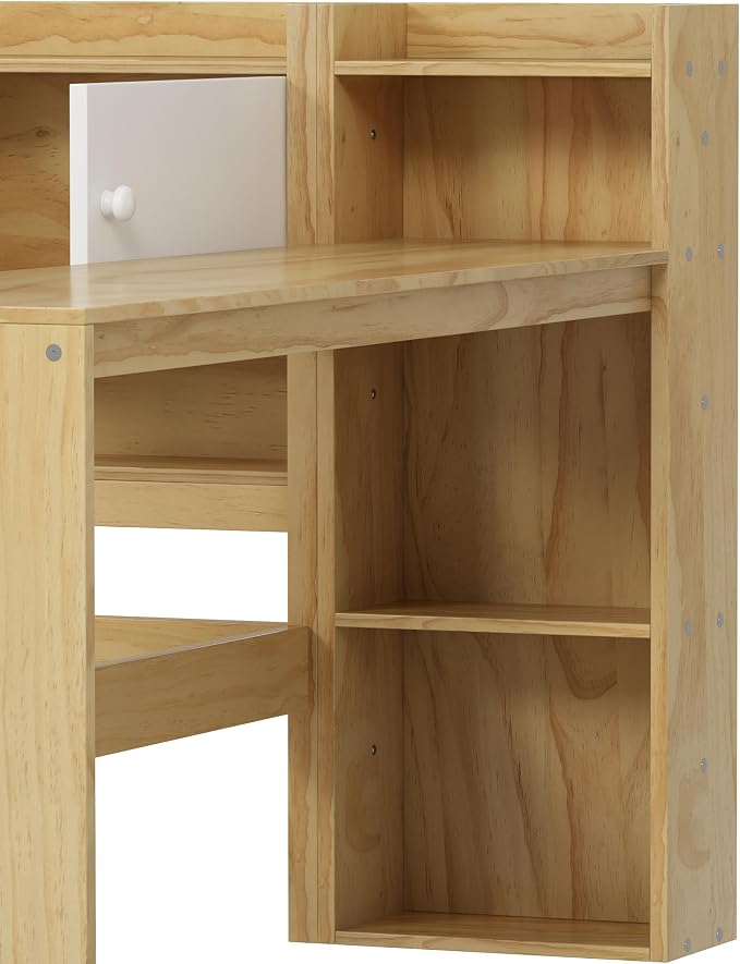 Bellemave Twin Corner Bed Frame, Twin Size Corner Beds with Storage Cabinets and Desk, Wood Daybed with Bookcase and Drawers, Natural+White