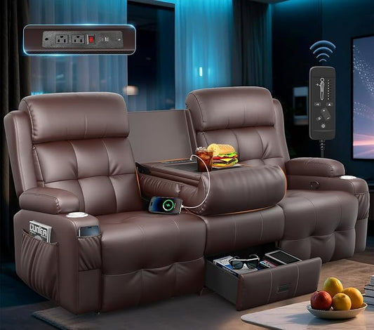 Loveseat Recliner Sofa, Home Theater Seating with Massage, 3 Seat Reclining Loveseats with Flip Backrest, Wall Hugger RV Couch Theater Chairs, RV Furniture Sofas with USB, Cup Holders for Gaming Room