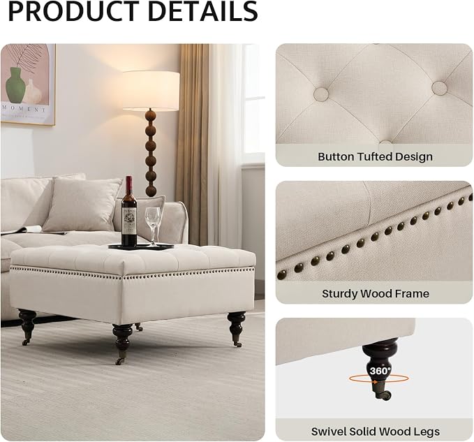 Large Square Storage Ottoman Uphlostered Tufted Button Coffee Table, Oversized Footrest Bench with Castered Rolling Wheels for Living Room, Beige Linen Waterproof