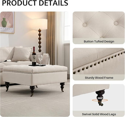 Large Square Storage Ottoman Uphlostered Tufted Button Coffee Table, Oversized Footrest Bench with Castered Rolling Wheels for Living Room, Beige Linen Waterproof