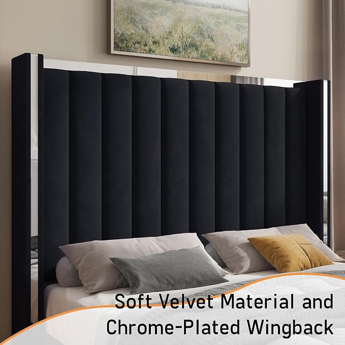 Jocisland King Size Bed Frame with 58" Tall Headboard, Velvet Upholstered Platform Bed with Channel Tufted Wingback Headboard and Plating Trim, No Box Spring Needed, Black