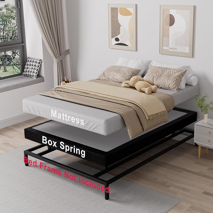 Tyndall 5 Inch Box Spring Full Size Bed Base, Low Profile Heavy Duty Metal Mattress Foundation with Fabric Bed Cover, Non-Slip, No Noise, Easy Assembly, Black