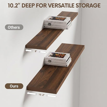 Vivelove 36 Inches Floating Shelves Wall Mounted, 10" Deep Wall Shelves for Bedroom, Bathroom, Living Room, Kitchen, Office, Home Decor, Modern Shelf, Set of 2, Walnut, 36x10.2x1.5
