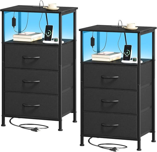 Somdot Nightstands Set of 2,Bedside Tables with Charging Station and LED Lights,Night Stand with 3 Fabric Drawers, End Tables with Open Shelf for Small Spaces Bedroom Entryway Hallway, Black