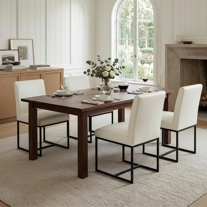 CIMOTA Modern Dining Chairs Set of 2, Leather Dining Room Chairs Upholstered Armless Guest Side Chair with Black Base for Dining Room/Kitchen, Cream 2PCS