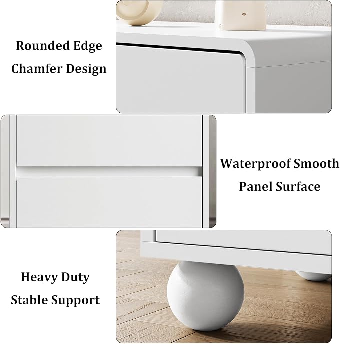 MAISONARIA Mid-Century 3-Piece Dresser Bedroom Set, 6 Drawer Dresser & 2 Drawer Nightstands with Curved Profile Design & Handle Free, Wood Chest of Drawers for Bedroom, Living Room, Hallway, White
