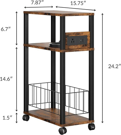 DGSANDGO Narrow Rolling Side Table with Charging Station (Outlets/USB Ports) & Storage Basket - Small Space End Table for Living Room Bedroom Office (Rustic Brown)