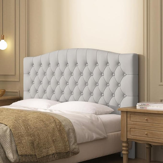 Furpopup Velvet Queen Size Headboard Only Upholstered Wall Mount Light Gray | 2 ways to use:Wall-mounted (for adjustable bed) and bed frame mounted, Easy to assemble, Classic button design headboard