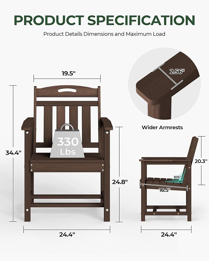 Outdoor Patio Dining, All-Weather HDPE Chair Fade-Resistant, and Low Maintenance for Backyard, Garden, or Patio, Brown