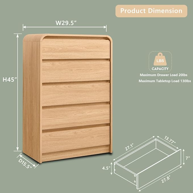 Aitjunz Modern 5 Drawers Dresser for Bedroom, 45" Tall Dressers & Chests of Drawers w/Curved Profile Design, Wood Mid Century Vertical Dresser w/Natural Texture for Bedroom, Living Room, Natural Oak