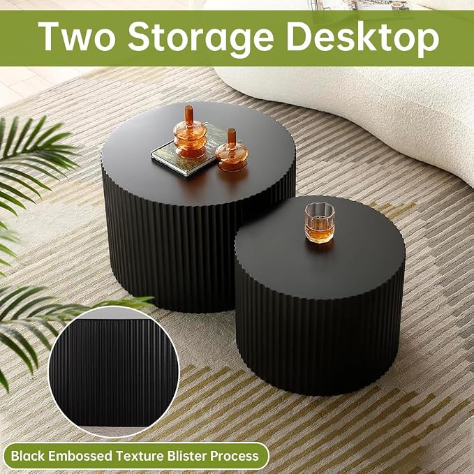 Round Nesting Coffee Table Modern Fluted Coffee Table Set of 2 Stripe Round Coffee Tables Circle Drum Coffee Tables Side Table Accent End Table for Living Room (Black Small)