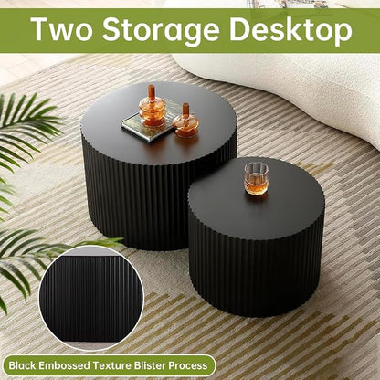 Round Nesting Coffee Table Modern Fluted Coffee Table Set of 2 Stripe Round Coffee Tables Circle Drum Coffee Tables Side Table Accent End Table for Living Room (Black Small)