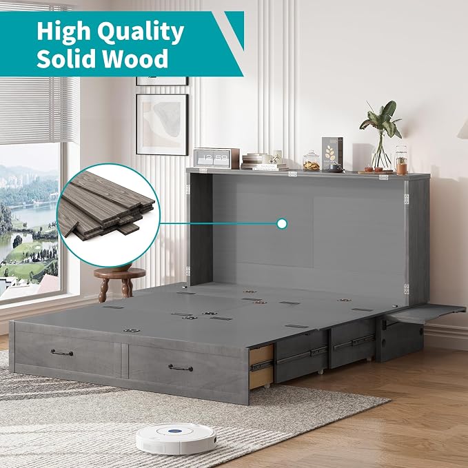BALUS Queen Murphy Bed, Cabinet Bed with Built-in USB Ports & Storage Drawers, Wood Hidden Wall Beds, Modern Murphy Beds Cabinet Guest Beds for Bedroom/Living Room - (Dark Grey)