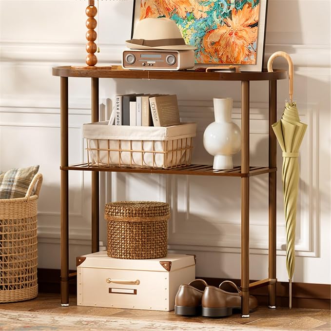 Small Entryway Table Bamboo 30.7", Narrow Hallway Table 2-tier, Slim Console Table with Anti-fall Edge, Sofa Side Table 5min Easy Assembly, Small TV Stand for Bedroom, Indoor Plant Stand, Dark Walnut