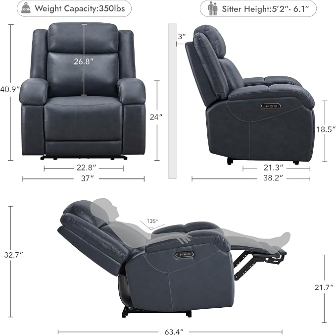 Watson & Whitely Genuine Leather Power Recliner Chairs for Adults, Wall Hugger RV Recliner with Power Headrest & Charging Ports, Electric Recliner Sofa Chair for Living Room, Navy
