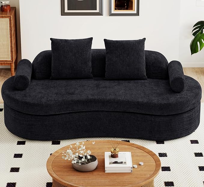 AVZEAR 78" Curved Loveseat Sofa, Chenille Upholstered 2 Seater Couch for Living Room, No Assembly Modern Love Seat Cloud Sofa with 2 Bolster Pillows & 2 Square Pillows, High-Density Foam, Black